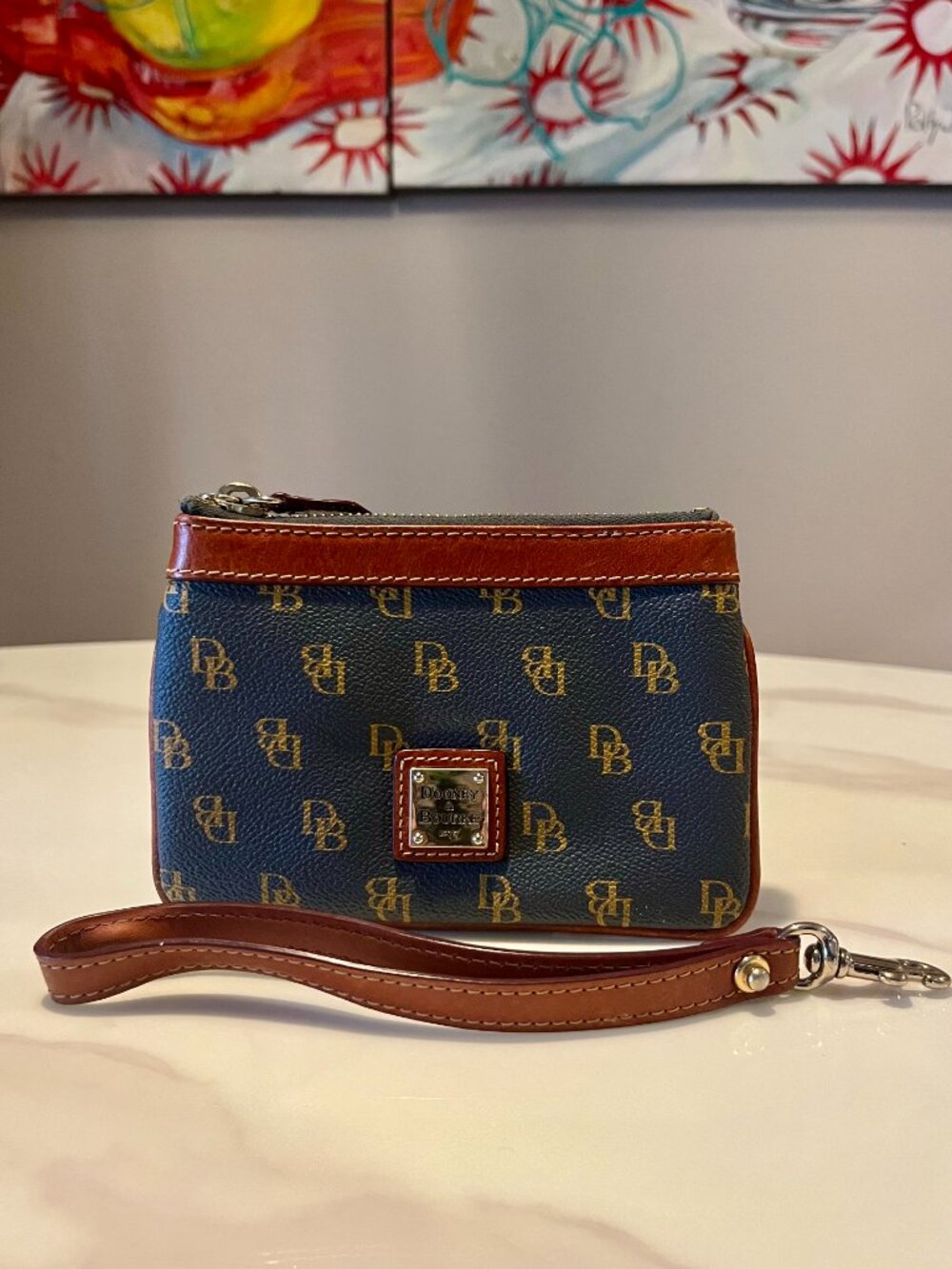Dooney & Bourke Navy and Brown Logo Wristlet